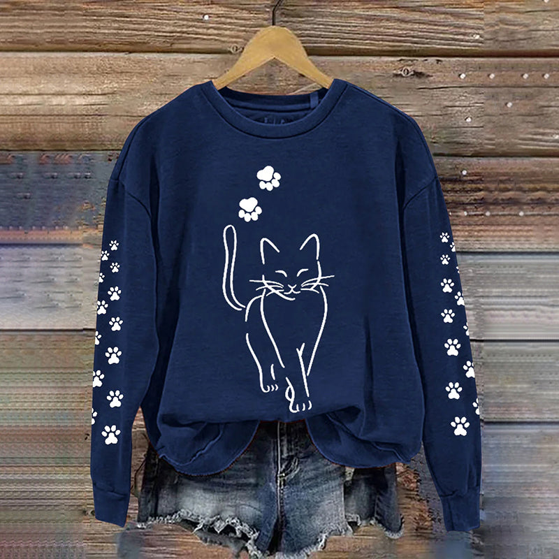 Comstylish Cute Cat Print Crew Neck Sweatshirt