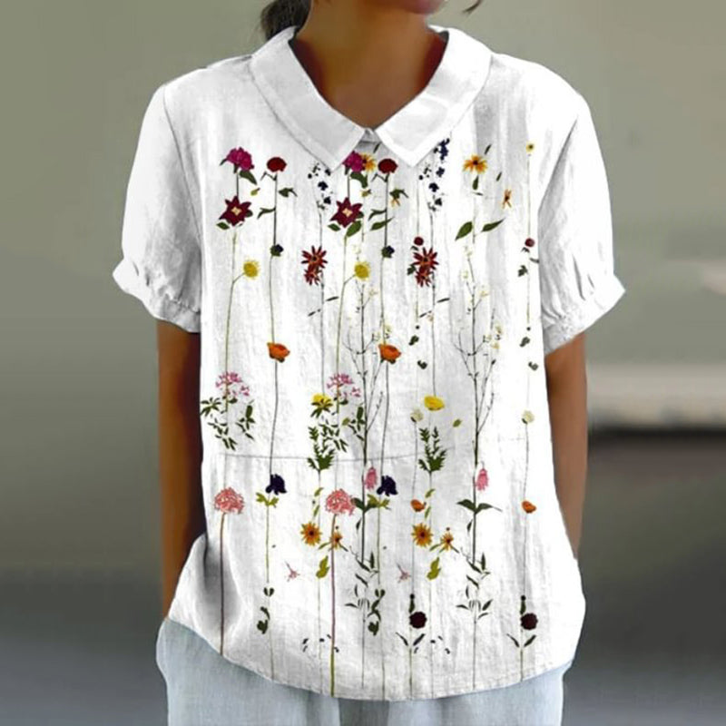 Comstylish Casual Floral Print Cotton And Linen  Short Sleeve Tops