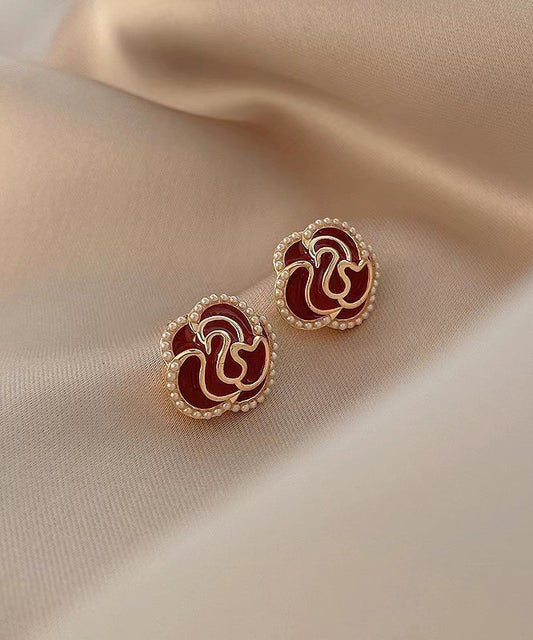 Boutique Red Alloy Pearl Zircon Stud Earrings