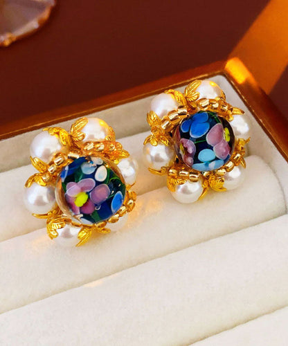 Vogue Gold Copper Overgild Coloured Glaze Pearl Stud Earrings