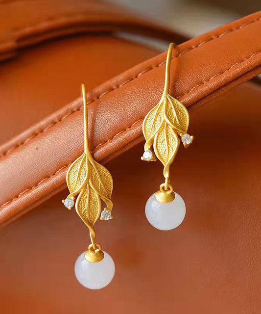 Diy Gold Sterling Silver Overgild Jade Leaf Drop Earrings