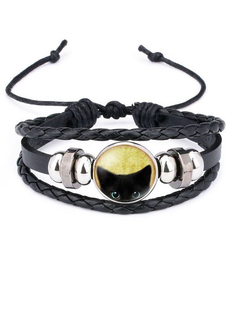 Black Cat Beaded Leather Woven Bracelet elevenforest