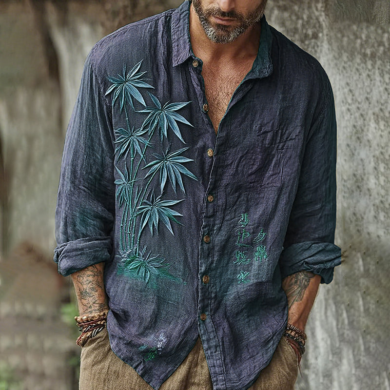 Men's Vintage Japanese Bamboo Embroidery Art Long Sleeve Linen Blend Shirt artswardrobe