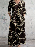 Vintage Abstract Lines Art Pattern Linen Maxi Dress artswardrobe