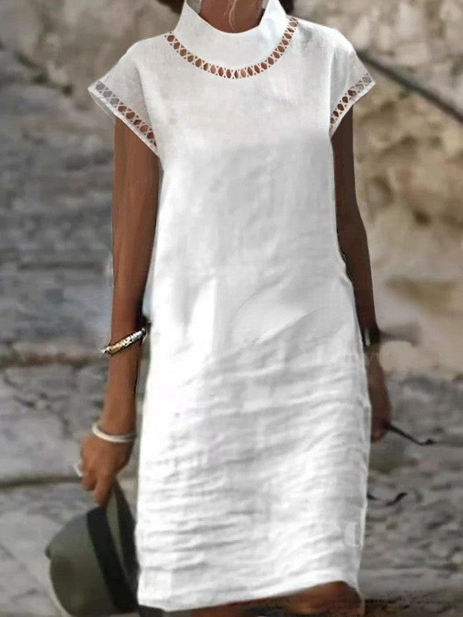 Solid Women's Short Sleeve Cotton Hemp Casual Dress