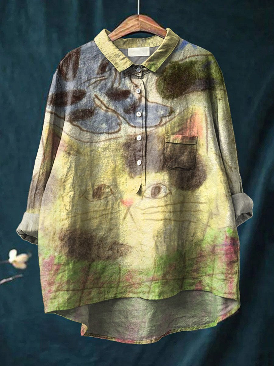Vintage Lovely Cats Art Print Casual Cotton And Linen Shirt