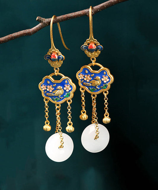 White Ancient Gold Jade Ping Buckle Birds Drop Earrings