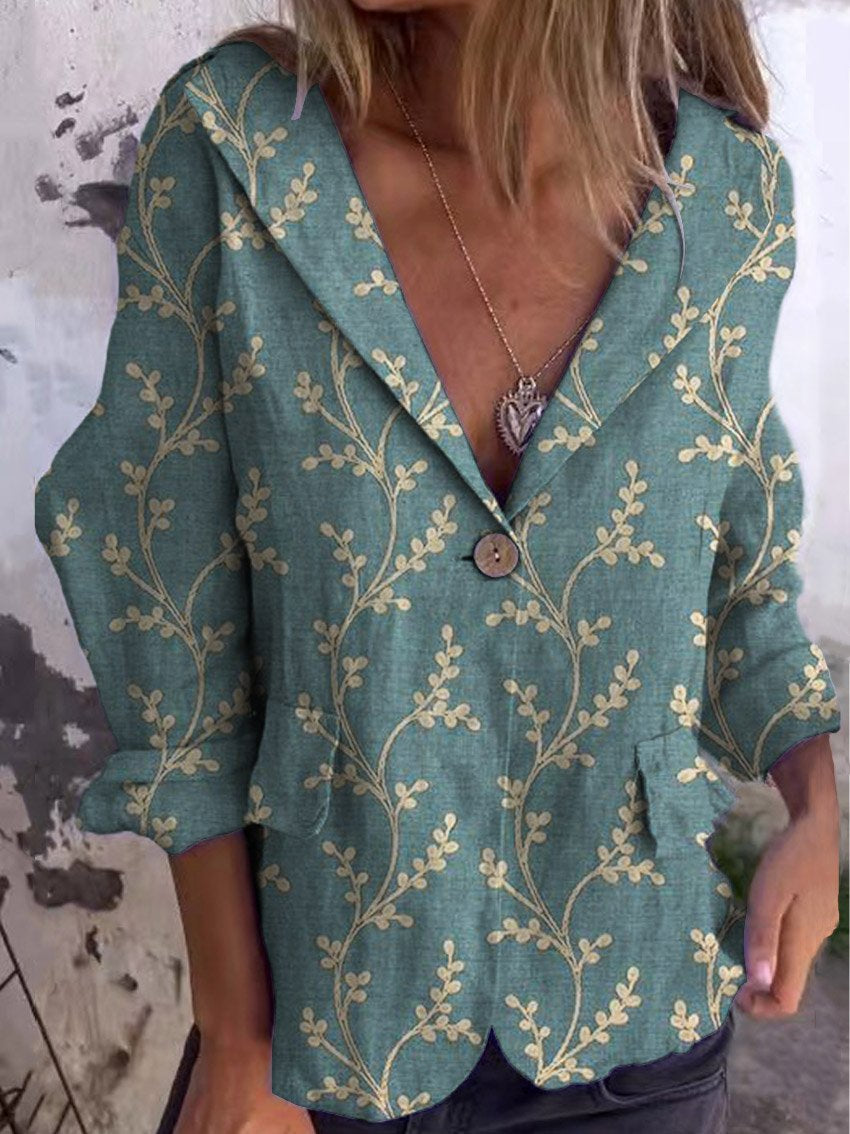 Women's Vintage Floral Art Print Casual Linen And Cotton Pocket Coat