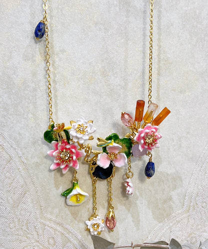 Gold Sterling Silver Overgild Dragonfly Gem Stone Lotus Leaf Pendant Necklace