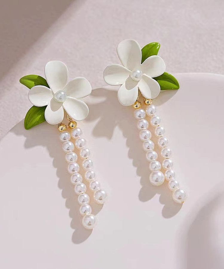 White Sterling Silver Alloy Pearl Tassel Drop Earrings