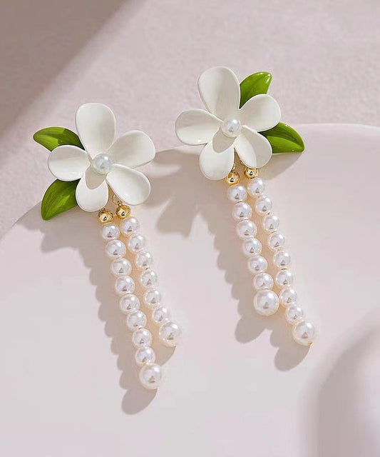 White Sterling Silver Alloy Pearl Tassel Drop Earrings