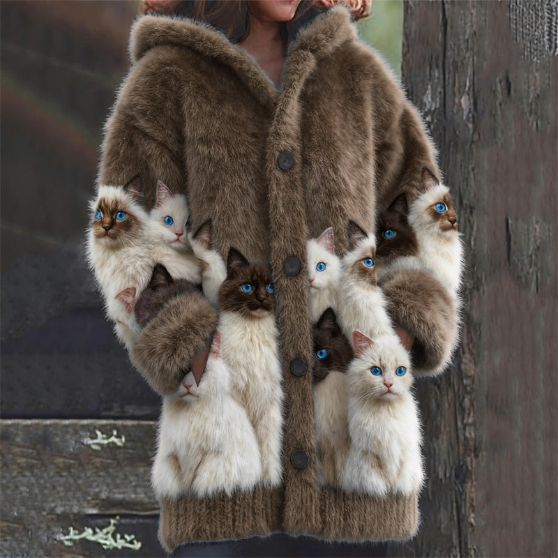 Classy Fuzzy Cats Art Cozy Knit Hooded Cardigan elevenforest