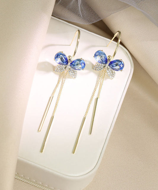 Blue Alloy Zircon Butterfly Tassel Drop Earrings