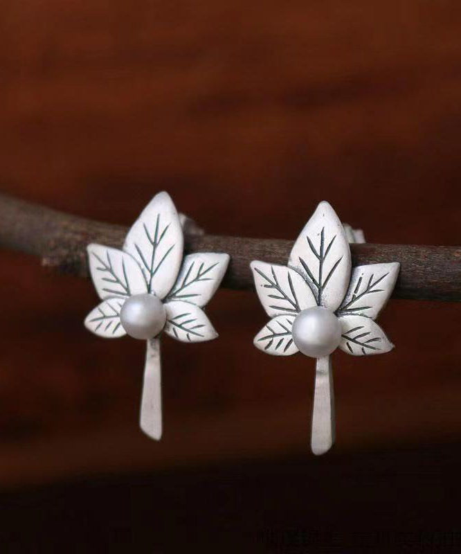 Silver Maple Leaf Nail Bead Stud Earrings