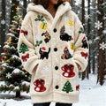 Christmas Spooky Black Cat Art Women's Flannel Loungewear Coat elevenforest