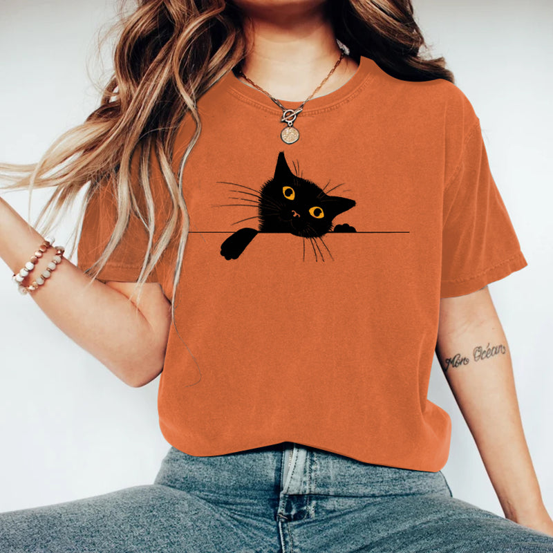 Women's Abstract Creative Cute Black Cat Art Print T-shirt elevenforest