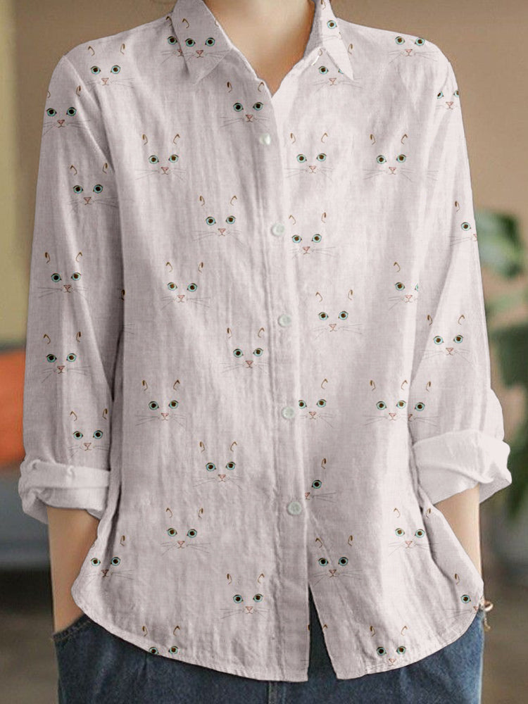 Cute Cat Face Pattern Linen Blend Cozy Blouse elevenforest