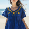 Vintage Sunflower Embroidered Art Cotton Linen Comfy V-neck Shirt artswardrobe