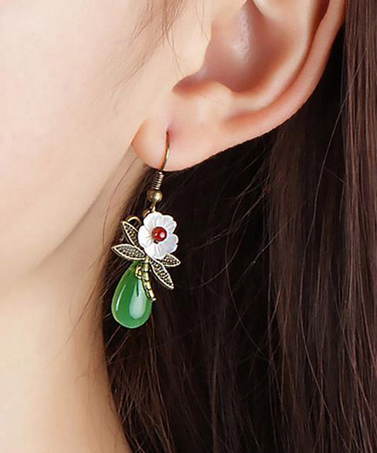 Green Sterling Silver Agate Shell Flower Cloured Glaze Dragonfly Drop Earrings