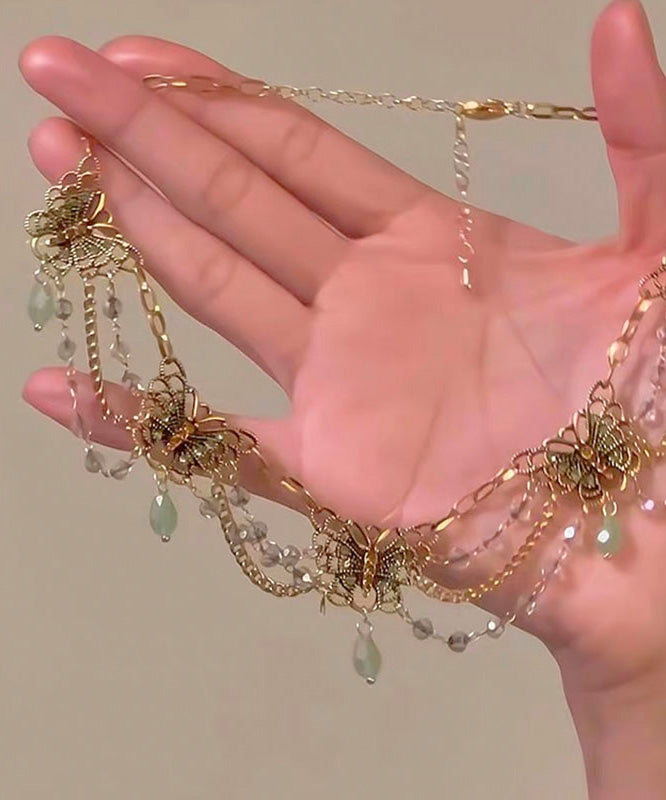 Original Green Sterling Silver Overgild Zircon Butterfly Tassel Pendant Necklace