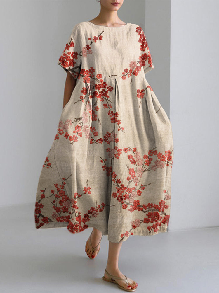 Japanese Vintage Flower Print Linen Blend Dress