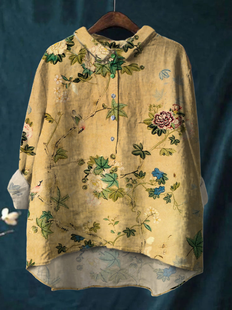 Meticulous Flower Print Cotton And Linen Shirt