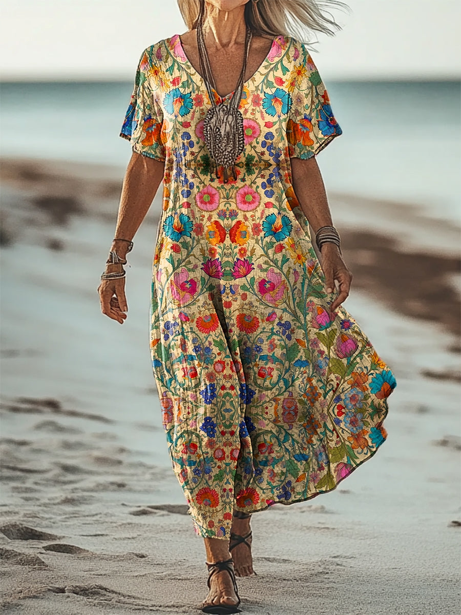 Women's Folkloric Art Patterns Art Print Short Sleeve Pocket Cotton Li