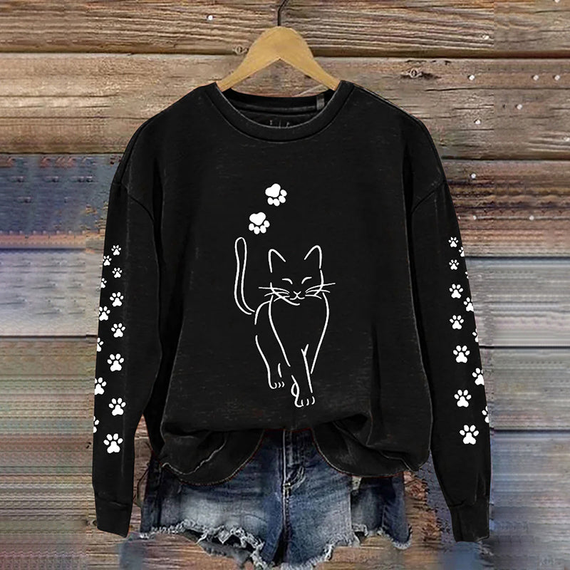 Comstylish Cute Cat Print Crew Neck Sweatshirt