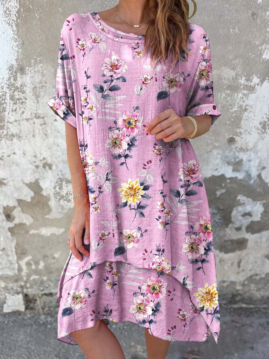 Women's Classic Floral Pattern Round Neck Cotton and Linen Dress
