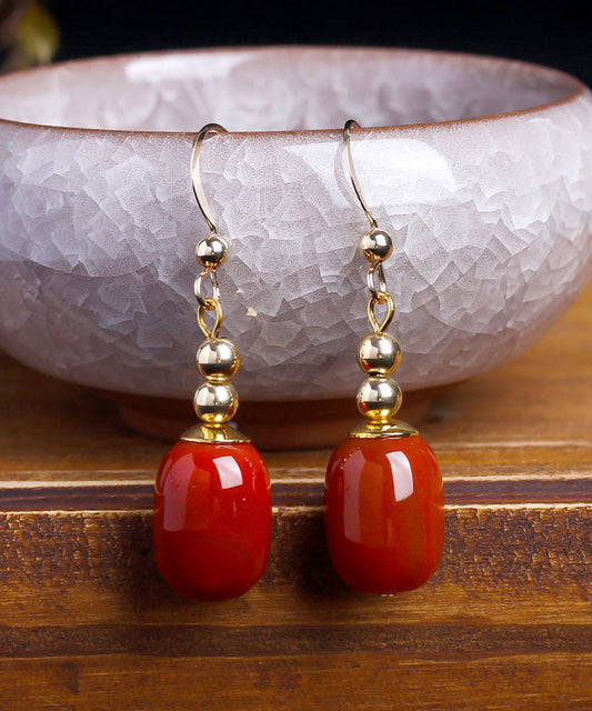 Red 14k Gold Agate Bucket Beads Drop Earrings
