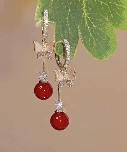 Red Alloy Zircon Pearl Shell Butterfly Drop Earrings