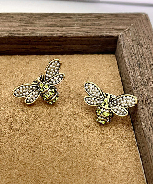 Style Ancient Gold Zircon Pearl Little Bee Stud Earrings