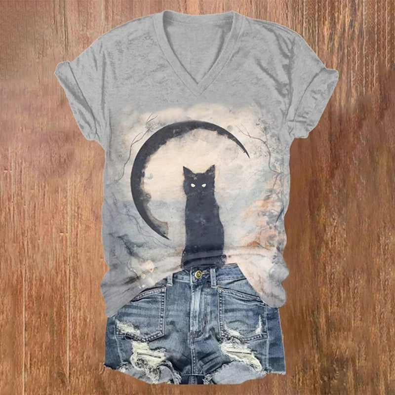Halloween Vintage Cat Print T-Shirt elevenforest