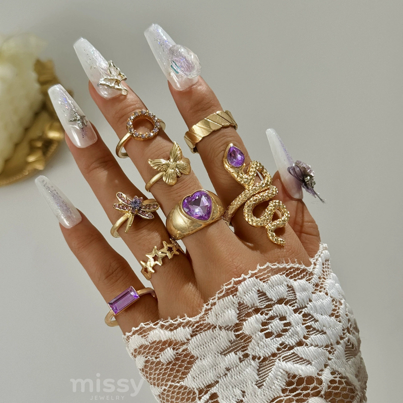 Lilac Crystal 8 Piece Ring Set