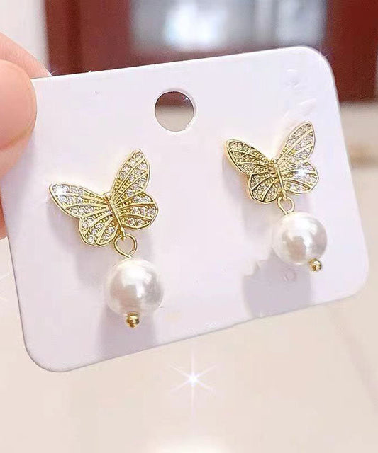 Gold Silver Overgild Pearl Butterfly Stud Earrings