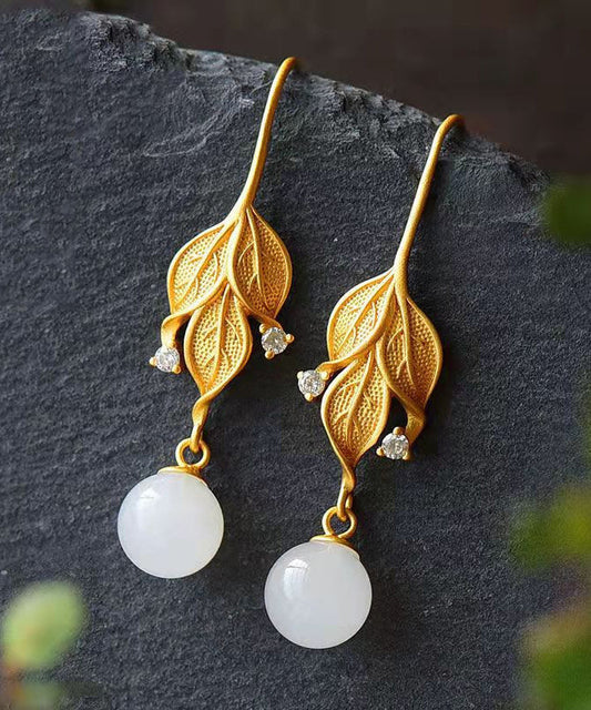 Gold Sterling Silver Overgild Zircon Jade Leaf Drop Earrings
