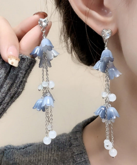 Diy Blue Sterling Silver Zircon Pearl Tassel Drop Earrings