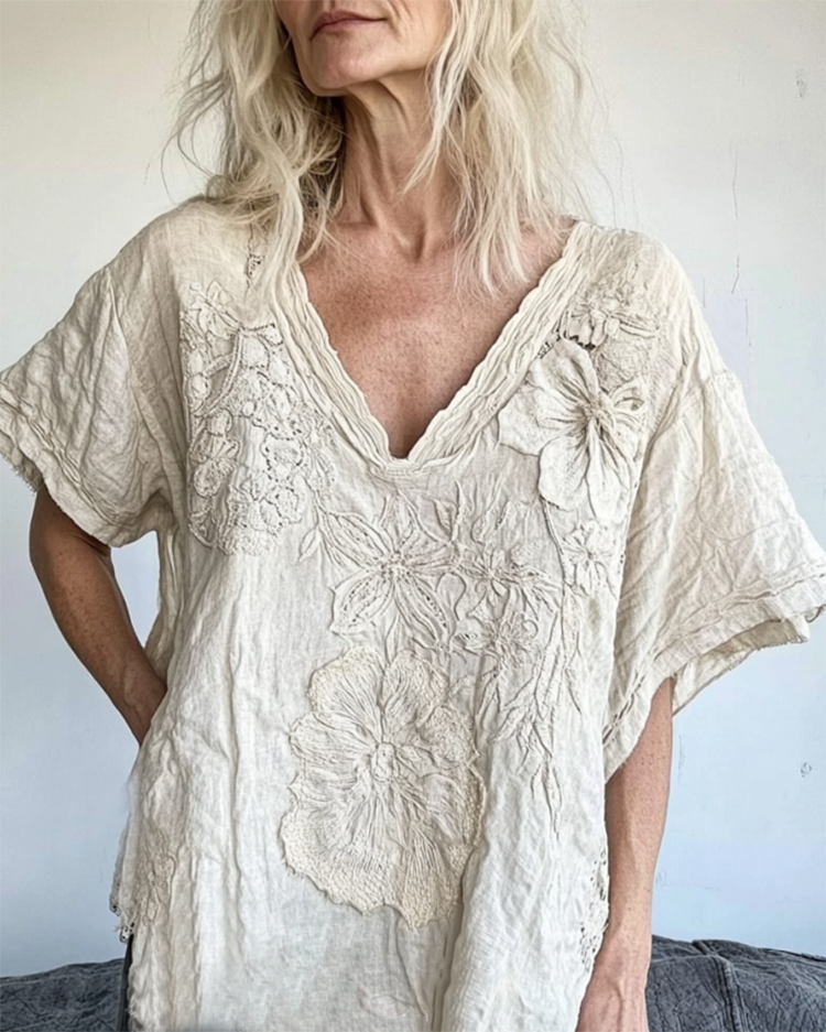 Comstylish Vintage Floral Lace Art Cotton Linen Comfy Shirt