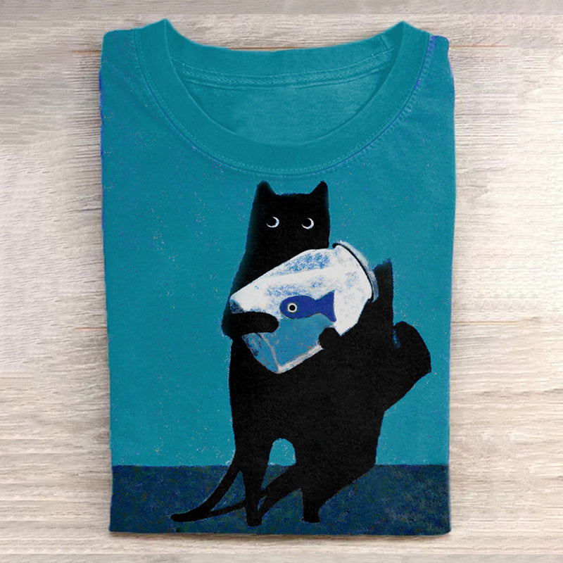 Cat Holding Goldfish Bowl Art Long Sleeve T-Shirt elevenforest
