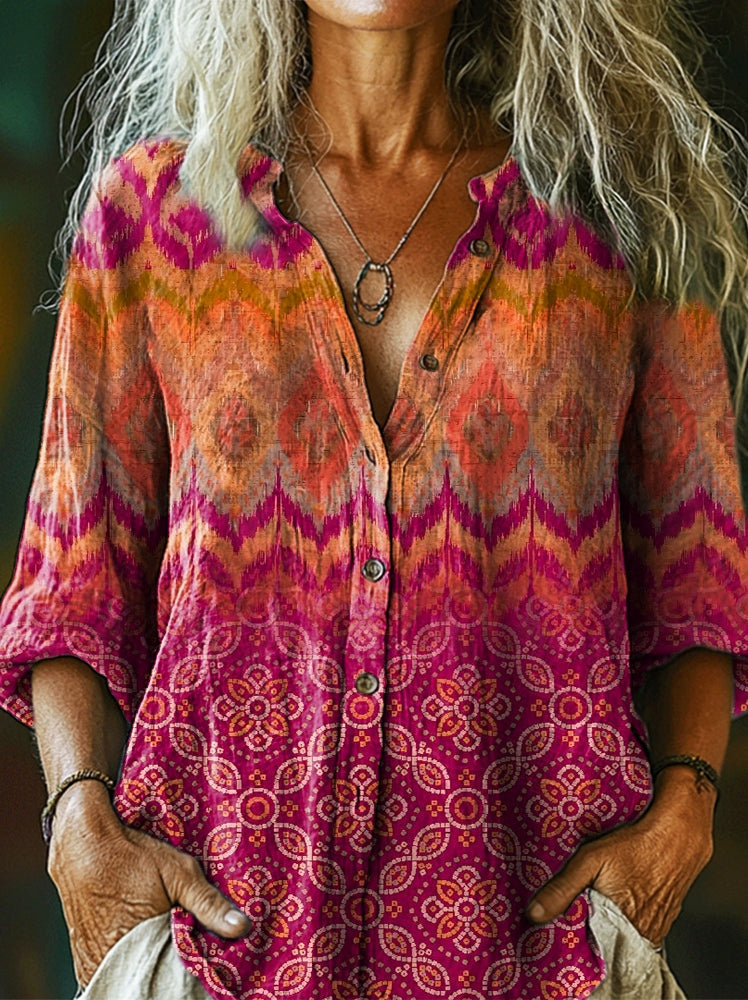 Women's Ethnic Totem Art Print Casual Cotton Linen Shirt
