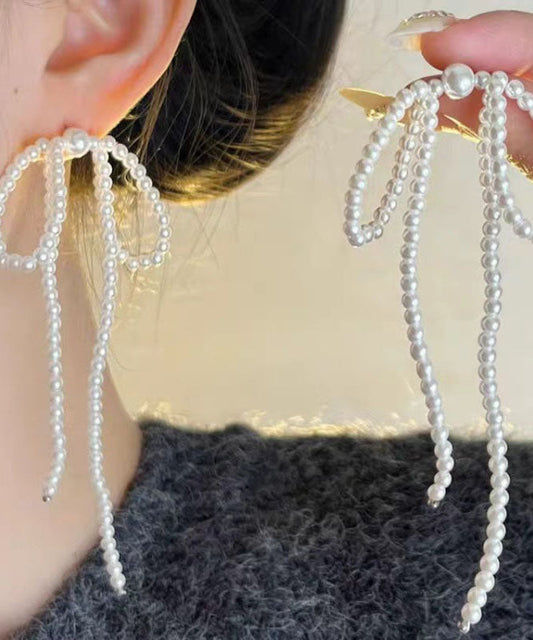 White Alloy Bow Beading Tassel Drop Earrings