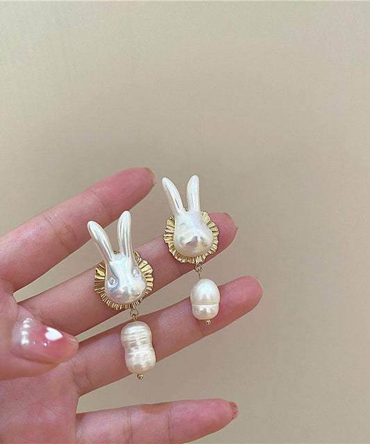 Gold Sterling Silver Alloy Pearl Rabbit Drop Earrings