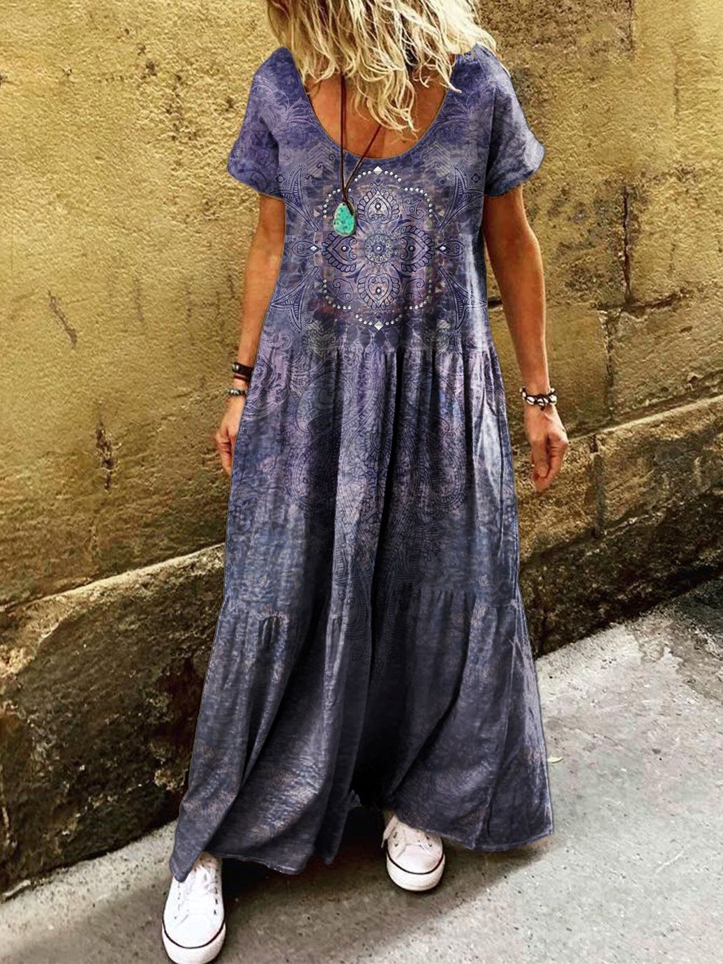 Women's Ethnic Pattern Art Printed Pocket Short Sleeve Cotton Dresses