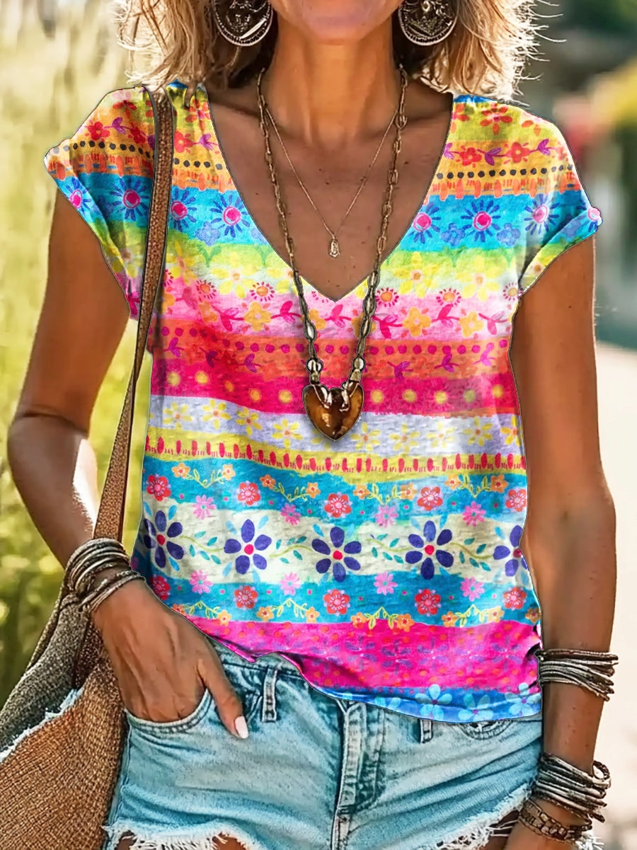 Women's Bohemian Floral Art Print 100%Cotton V-neck T-Shirt