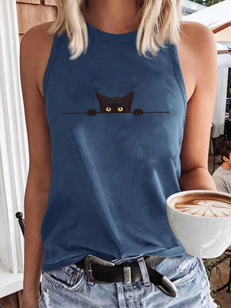 Women's Casual Funny Black Cat Print Vest elevenforest