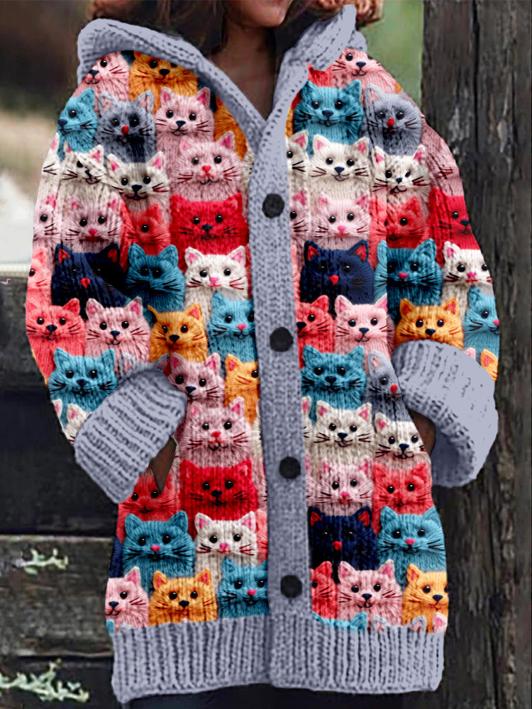 LM | Knitted coat with button placket and playful cat print