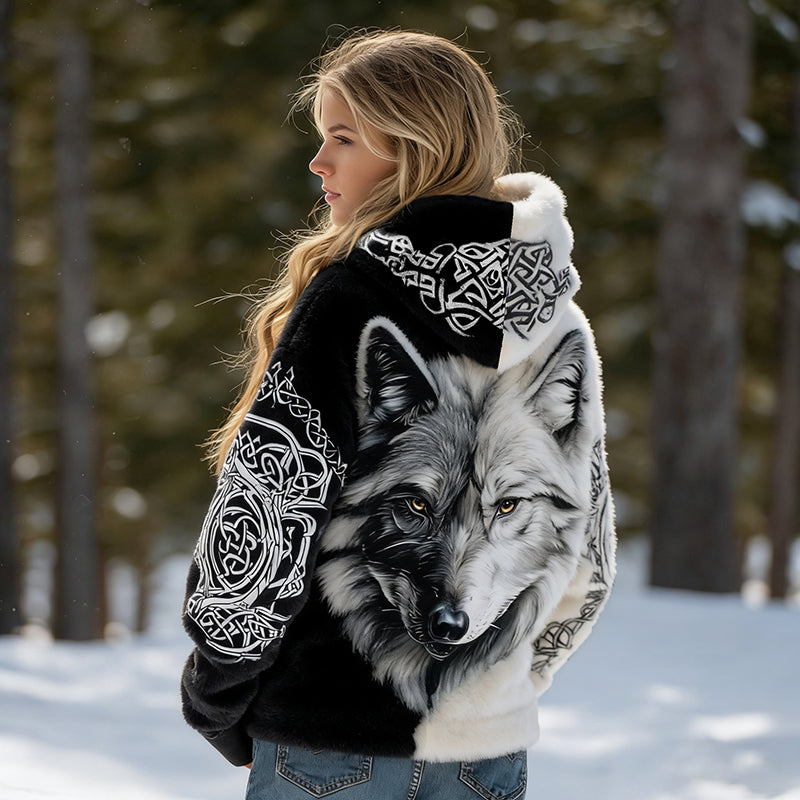 Comstylish Women's Viking Wolf Celtic Color Blocking Design Flannel Warm Zipper Up Hoodie