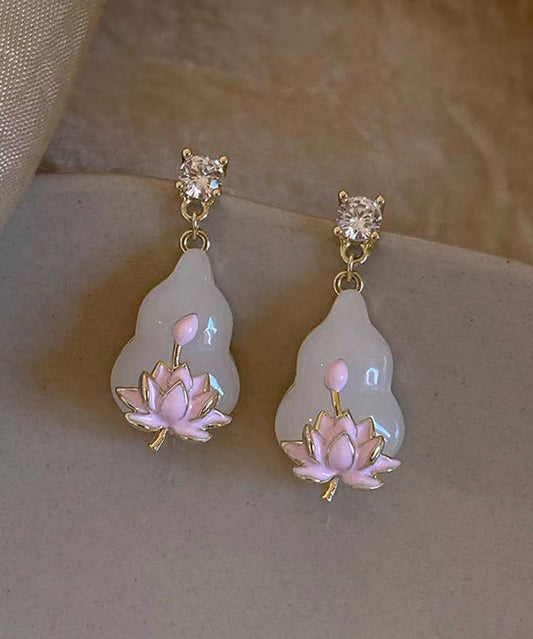 Pink Copper Overgild Zircon Lotus Drop Earrings