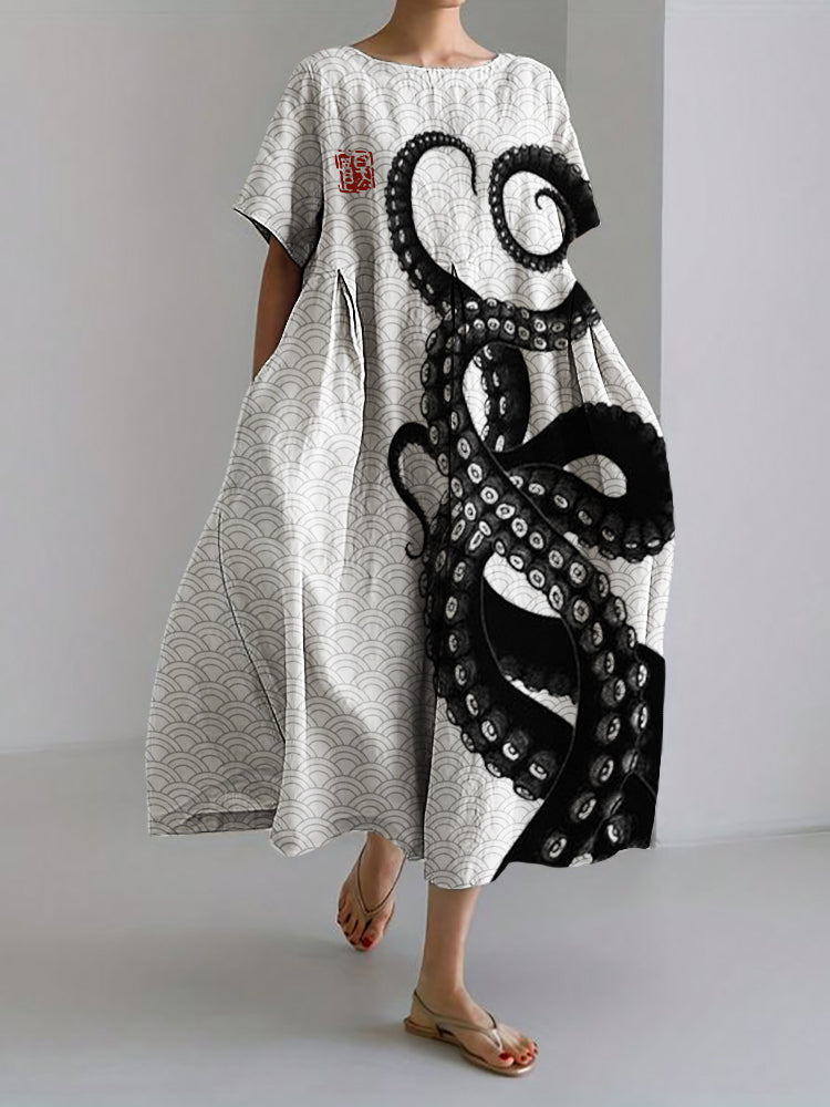 Octopus Tentacles Sea Waves Pattern Linen Blend Maxi Dress