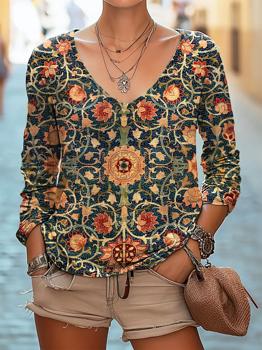 Women's Boho Ethnic Floral Art Print Casual V-neck Long Sleeve T-shirt